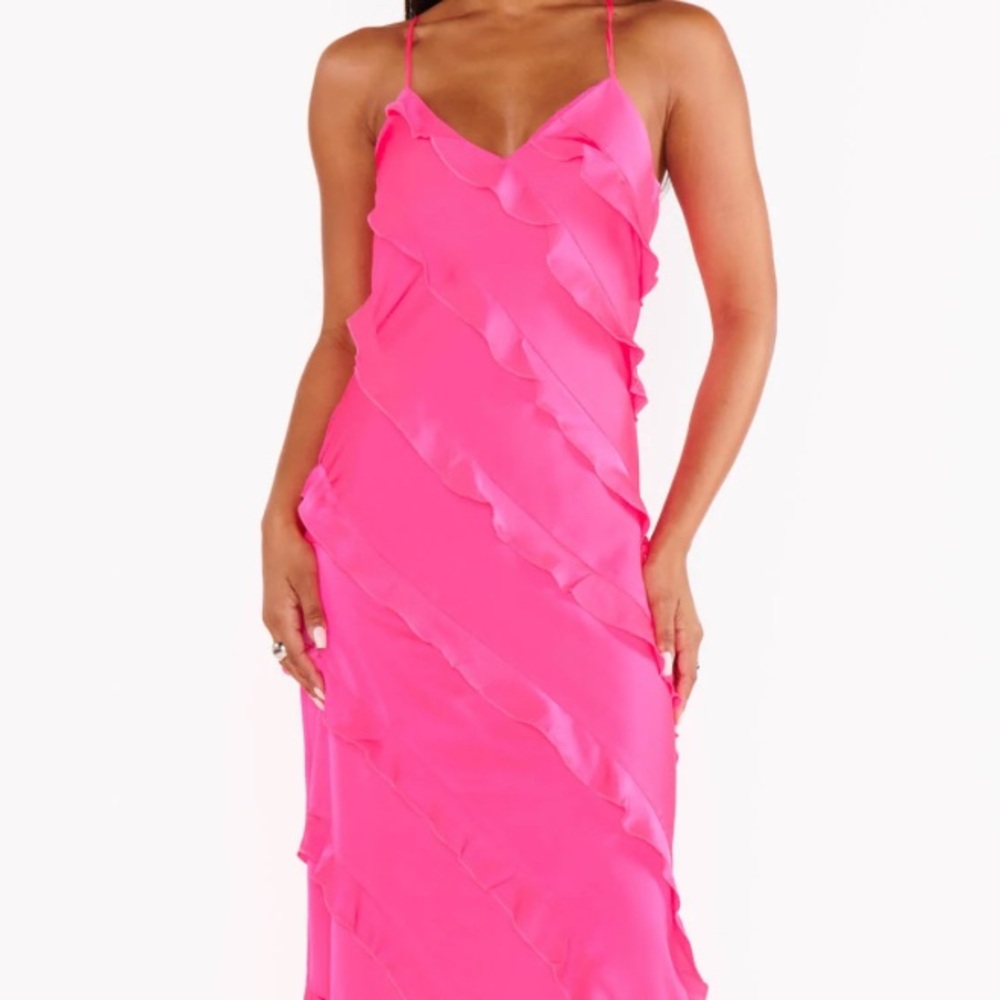 Hot pink ruffled long dress with adjustable straps